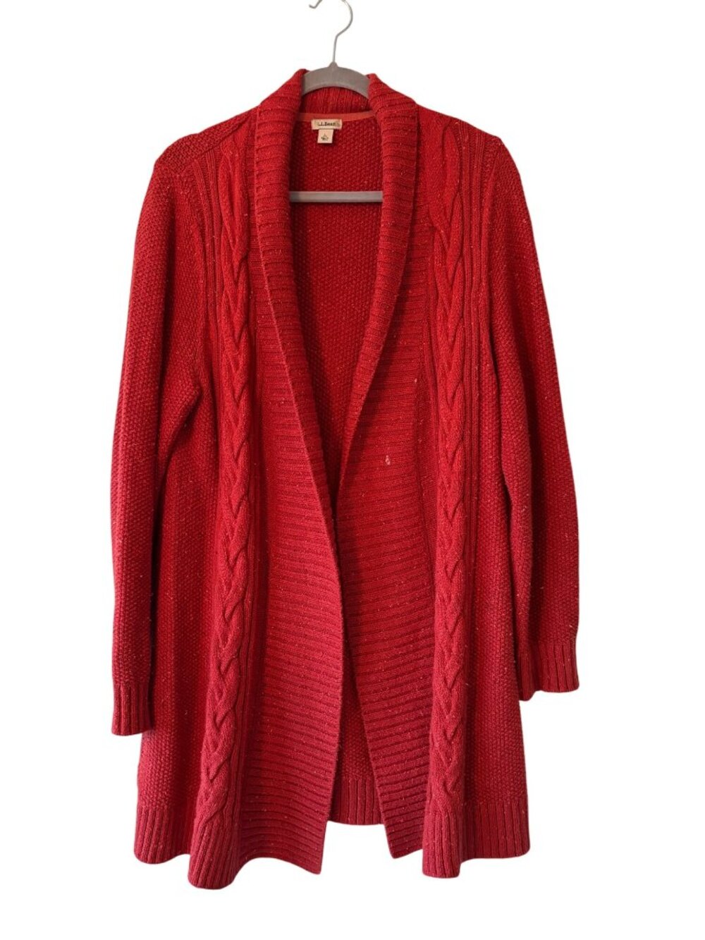 L.L.Bean Womens Rust Orange Cable Knit Open Front Cardigan Sweater Large